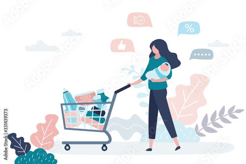 Beauty woman holding newborn baby and shopping trolley. Shopping for diapers and baby food.
