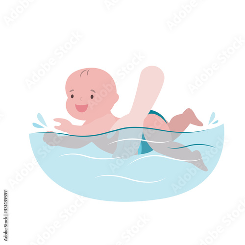 Cartoon infant swimming on a white background. Hand holding little child swimmer in the swimming pool 
