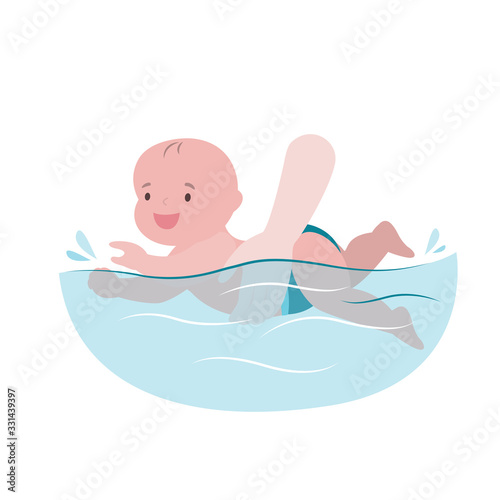 Cartoon infant swimming on a white background. Hand holding little child swimmer in the swimming pool,