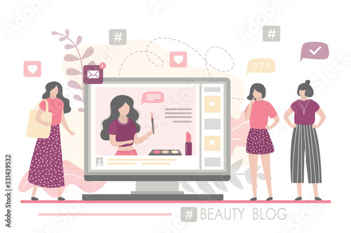 Fashion women watching beauty blog. The female blogger talks about the latest cosmetics.