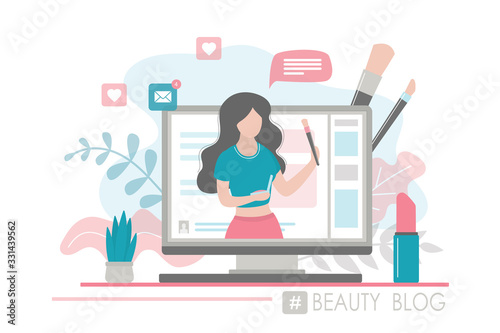 Beauty blog, girl blogger making review for cosmetics. Young woman talking about make up on vlog channel.