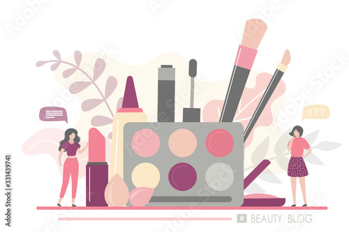 Huge makeup kit. Women talking about cosmetics and makeup. Fashion tiny people. Beauty blog banner concept