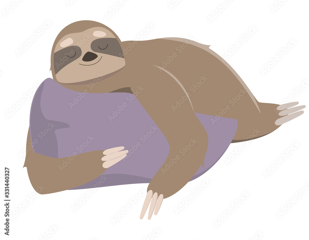 Fototapeta premium Sloth sleeping on pillow. Vector illustration in cartoon style isolated on white background.