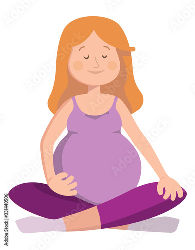 Pregnant woman doing yoga. Female character in cartoon style isolated on white background.
