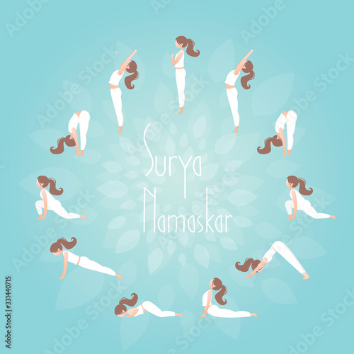 Sun salutation. Surya namaskar. Complex asanas,fitness training.Yoga sequence.