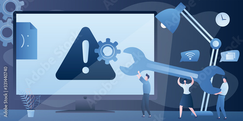 Alarm signal on display. System, webpage error or security problem. Teamwork,group of tiny people carry a wrench