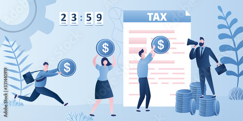 Tax form document, businesspeople pay taxes. Taxman with loudspeaker and group of people holding dollar coins.