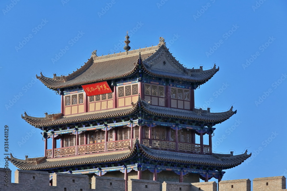 Three-story tower over Guanghua Lou-Enlightenment Gate-eastern gate Jiayuguan fortress-Jiayuguan city-Gansu-China-0728 Three-story tower over Guanghua Lou-Enlightenment Gate-eastern gate Jiayuguan fortress-Jiayuguan city-Gansu-China-0728