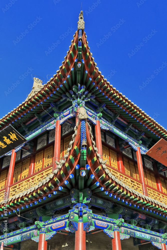Wenchang Pavilion-latticed windows-red lacquered pillars-colorful wooden beams-gable hip roof-Jiayu Pass-Jiayuguan-Gansu-China-0738 Wenchang Pavilion-latticed windows-red lacquered pillars-colorful wooden beams-gable hip roof-Jiayu Pass-Jiayuguan-Gansu-China-0738