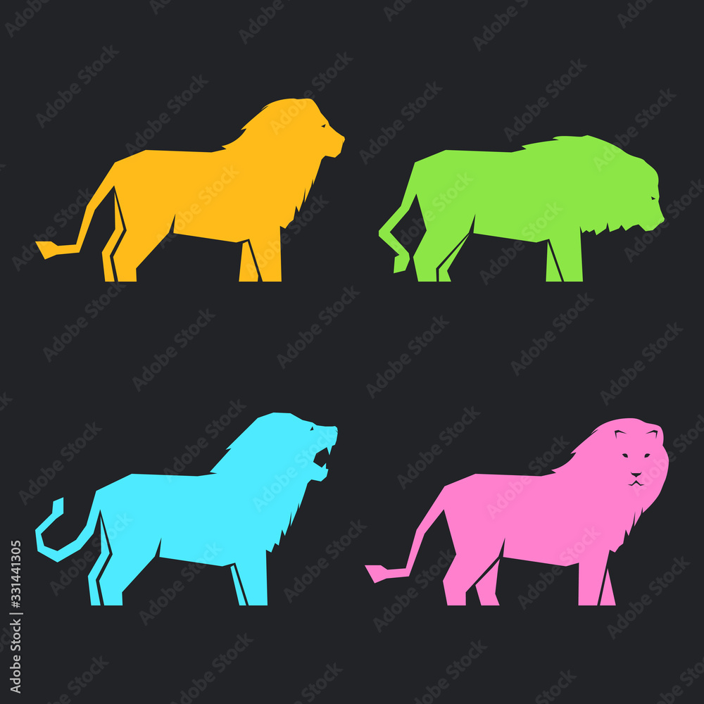Set of multi-colored lions in different poses on a dark background, vector illustration