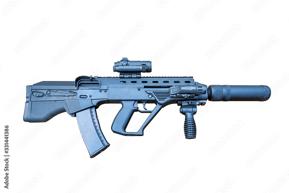 modern assault rifle with silencer isolated on white background modern assault rifle with silencer isolated on white background