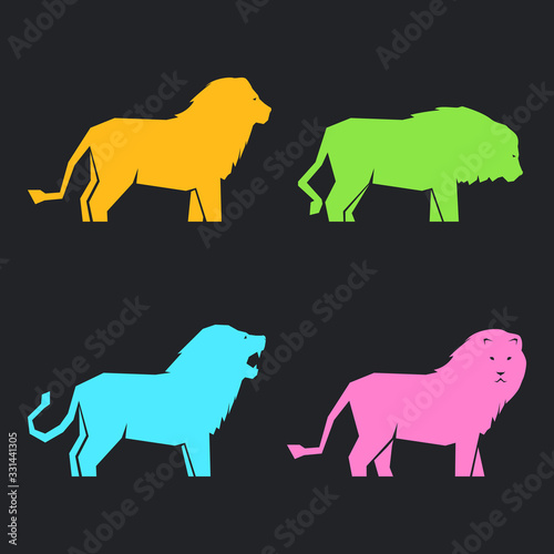 Set of multi-colored lions in different poses on a dark background  vector illustration