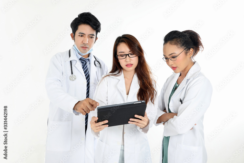 ung asian chinese malay male female doctor on white background holding pad tab disuses think talk share ung asian chinese malay male female doctor on white background holding pad tab disuses think talk share