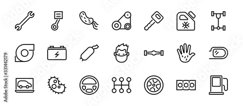 A simple set of car services related vector line icons. Contains icons such as oil, diagnostics, turbine, steering wheel, chassis, gearbox and much more. Editable move. 480x480 On a white background