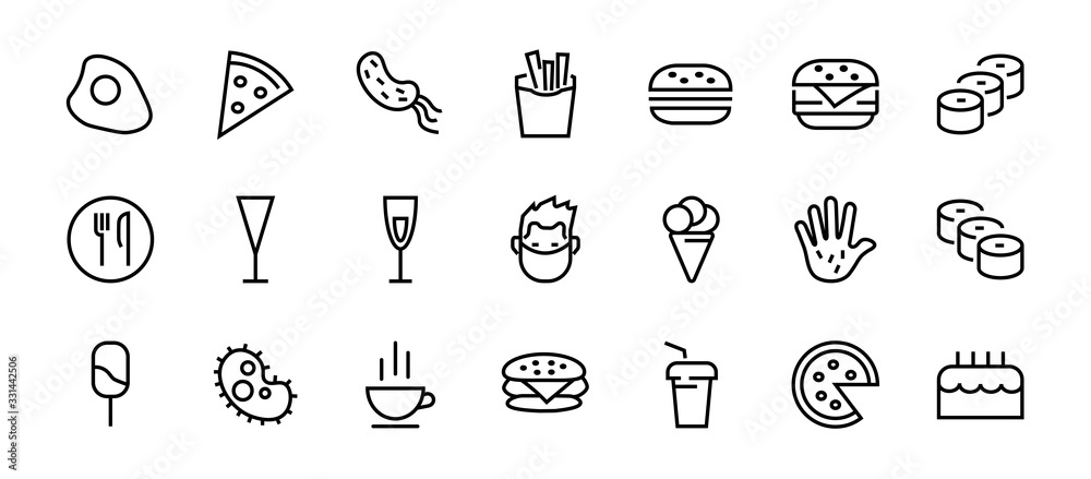 A simple set of fast food icons related to the vector line. Contains icons such as pizza, burger, sushi, bike, scrambled eggs and more. EDITABLE stroke. 480x480 pixels perfect, EPS 10 A simple set of fast food icons related to the vector line. Contains icons such as pizza, burger, sushi, bike, scrambled eggs and more. EDITABLE stroke. 480x480 pixels perfect, EPS 10