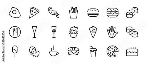  A simple set of fast food icons related to the vector line. Contains icons such as pizza, burger, sushi, bike, scrambled eggs and more. EDITABLE stroke. 480x480 pixels perfect, EPS 10