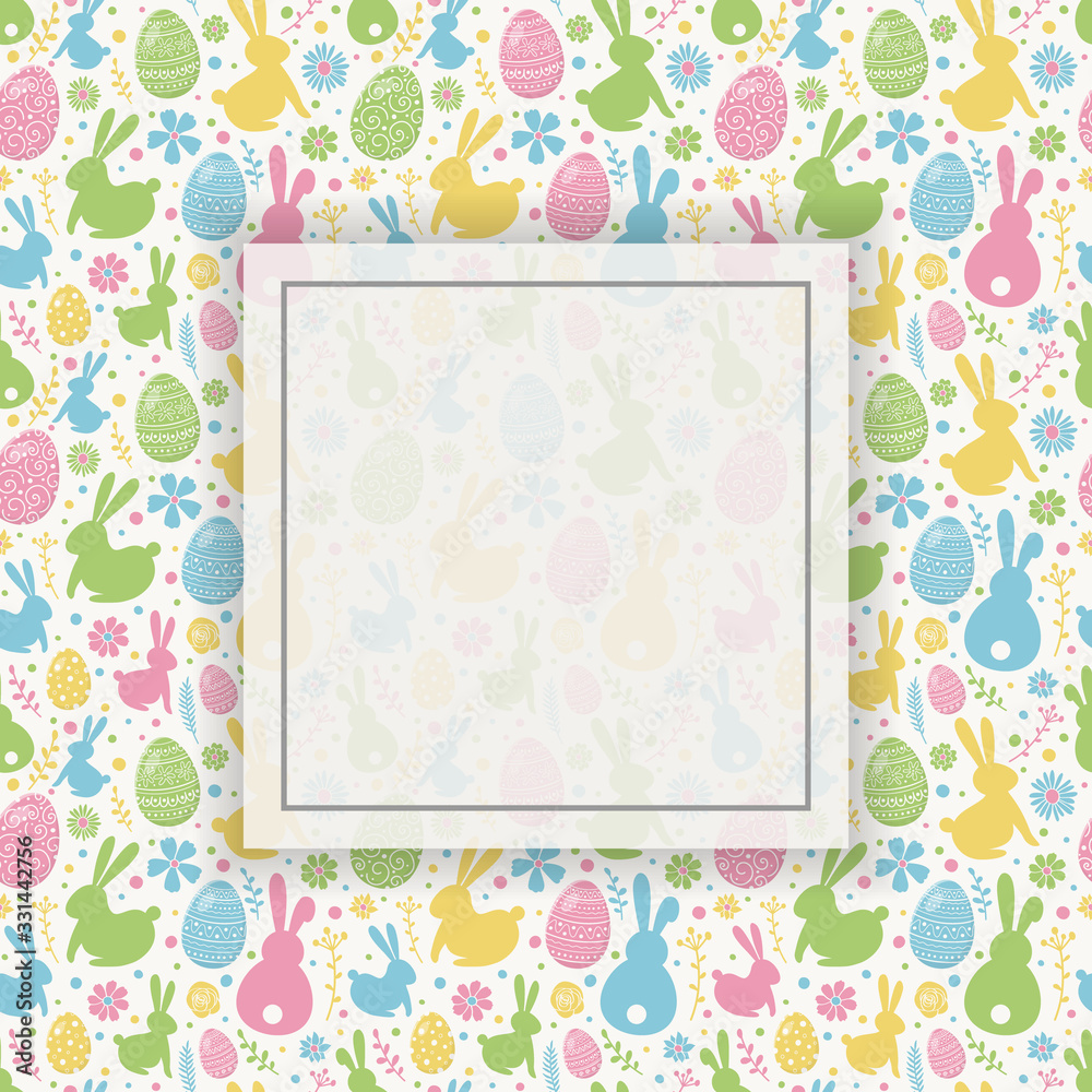 Easter background with colourful eggs, bunnies and flowers. Layout of postcard with empty frame. Vector