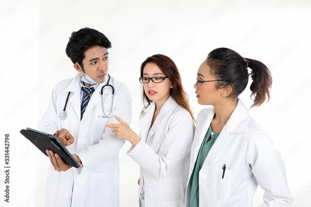ung asian chinese malay male female doctor on white background holding pad tab disuses think talk share ung asian chinese malay male female doctor on white background holding pad tab disuses think talk share