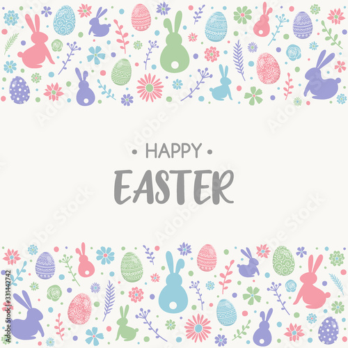 Concept of Easter greeting card with colourful bunnies  eggs and flowers. Vector