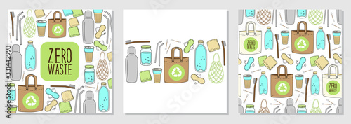 Cute set of backgrounds with hand drawn elements of no plastic, zero waste concept, eco lifestyle, go green theme