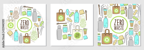 Cute set of backgrounds with hand drawn elements of no plastic, zero waste concept, eco lifestyle, go green theme