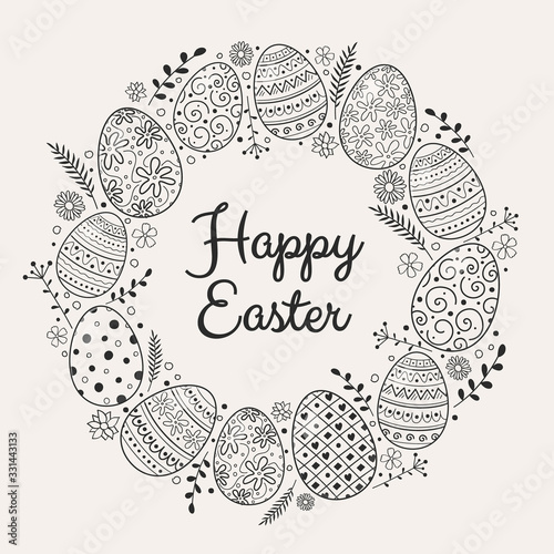 Retro greeting card with painted Easter eggs. Vector