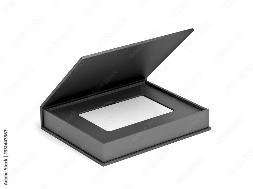 Blank plastic card and black box on white background