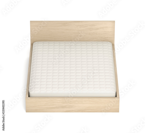 Wooden bed with comfortable mattress on white background