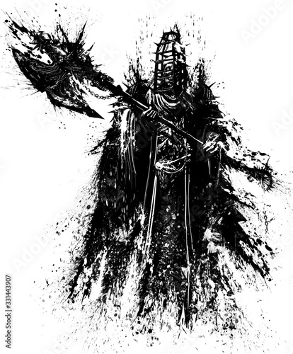 Canvas Print A terrible Ghost executioner, with a skull on his shoulders, imprisoned in a cage for torture, in his hands he has a huge axe hung with various junk, spikes, skulls, chains