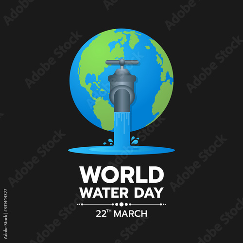 world water day banner Water flows from the tap on the earth on dark blue background vector design