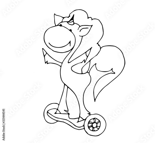 Coloring book for kids - unicorn smiling and riding a gyroboard. Black and white cute cartoon unicorns. Vector illustration.	