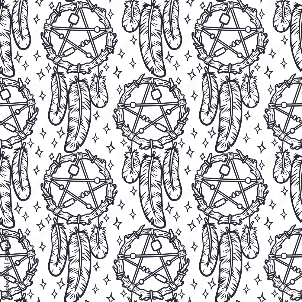 Seamless pattern with Dreamcatcherfor spiritual relaxation for adults for girls, boys, clothes. Creative background with mystic symbol. Funny wallpaper for textile and fabric. Fashion style.