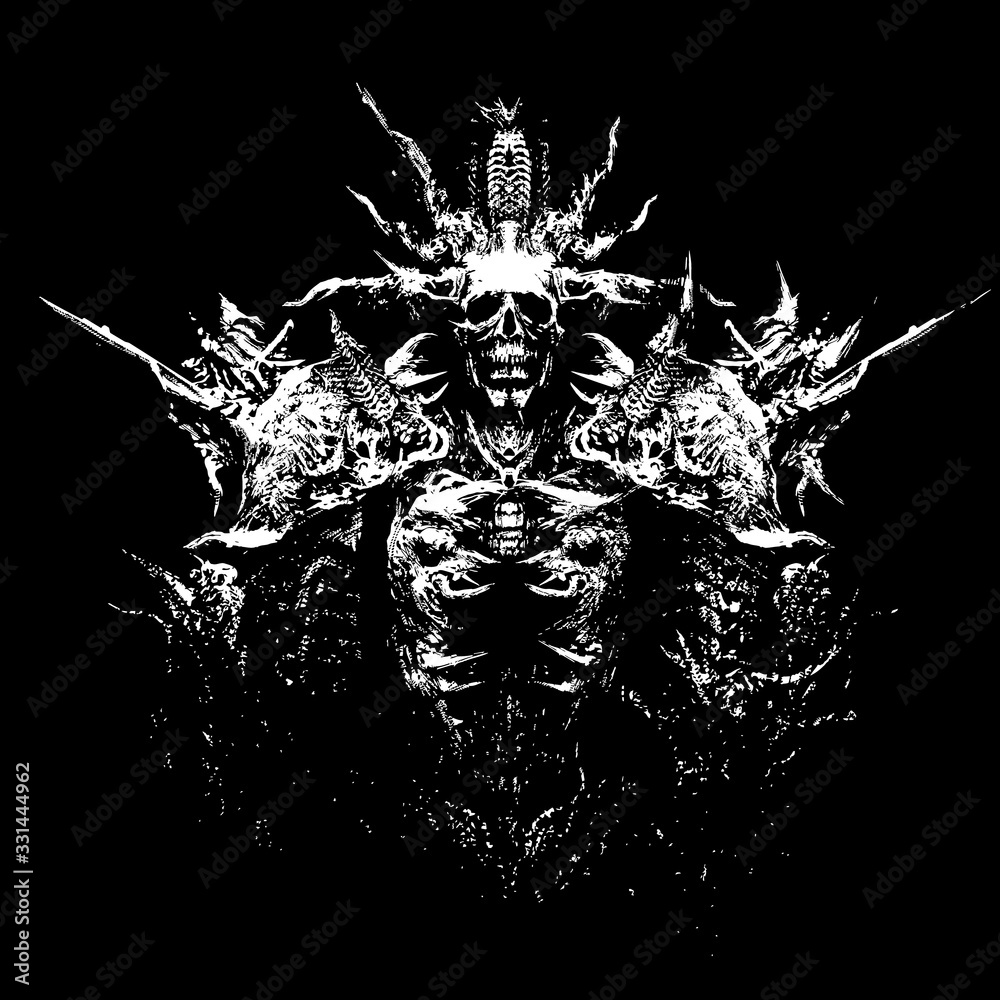 A sinister Lord necromancer, consisting of many bones and spikes, on his head he has something like a crown, in his chest a sinister mouth with terrible fangs. 2D illustration - obrazy, fototapety, plakaty 
