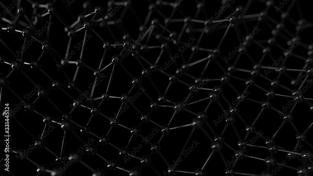 Abstract minimal balck background in empty space. Technology network node concept. Black chaotic atoms, DNA or molecule.