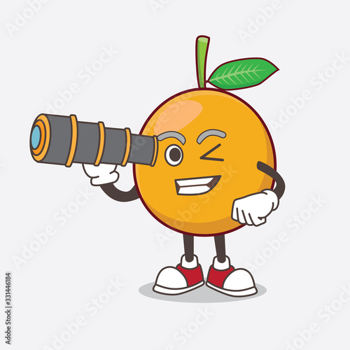 African Mangosteen cartoon mascot character using a monocular