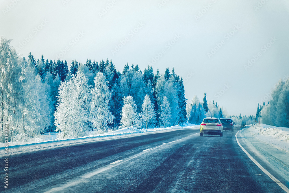 Car in winter road at Rovaniemi at Lapland Finalnd