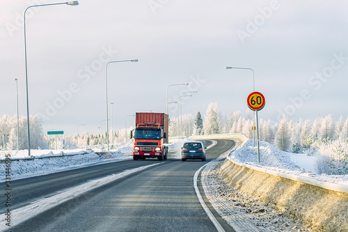 Truck in road of winter Rovaniemi