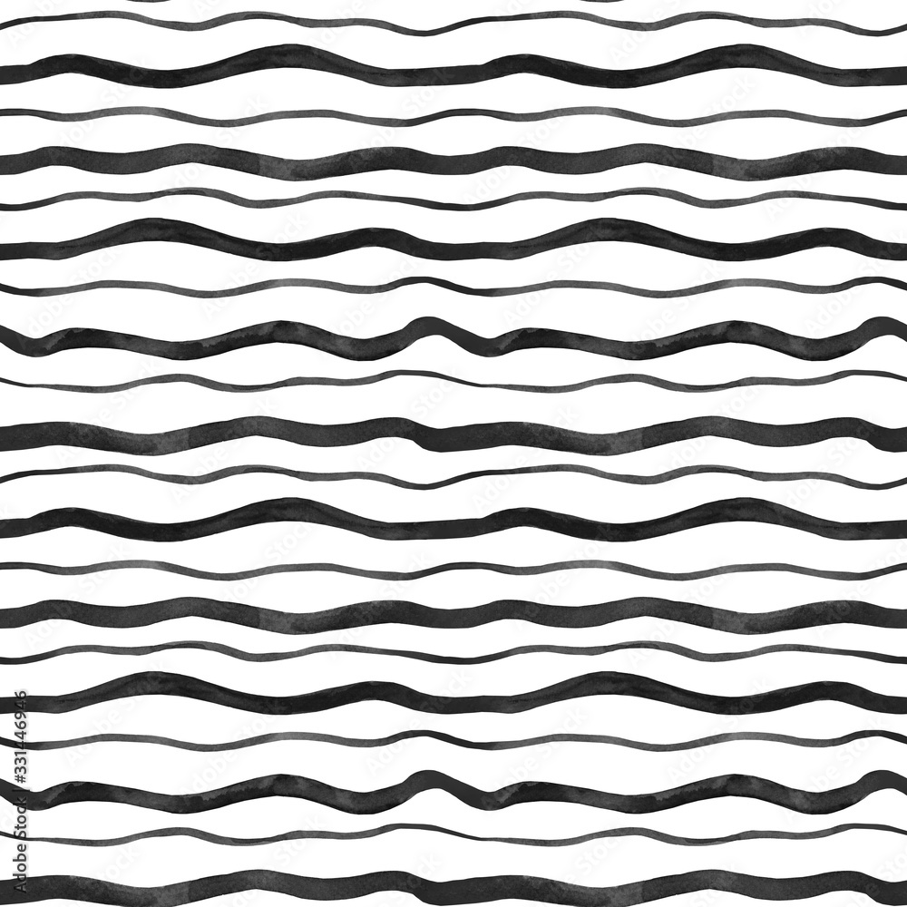 Watercolor illustration. Seamless pattern with black stripes, lines on a white background. Watercolor illustration. Seamless pattern with black stripes, lines on a white background.