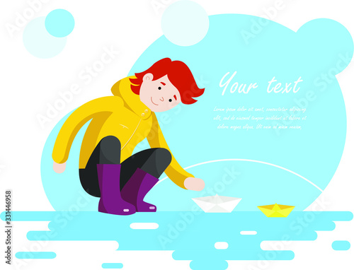 a cartoon boy with red hair in a yellow raincoat in rubber boots launches a paper boat in a stream vector