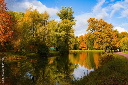 Autumn foliage in Pavlovsky park, Pavlovsk, Saint Petersburg, Russia. Autumn park with pon