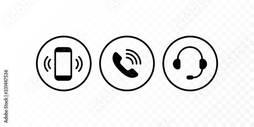 Communication concept. Vector flat outline icon set illustration. Black and white on transparent background. Smart phone, handset and headset sign in cirlce. Design element for customer sevice and web