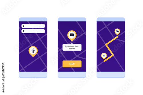 Taxi service concept. Vector flat illustration set. Collection of mobile phone with taxi app. Design element for banner, poster, ui, web, online application.