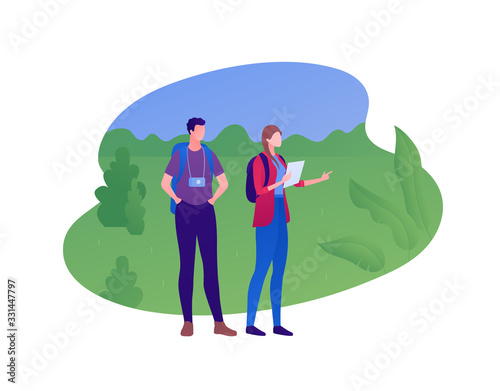Outdoor travel concept. Vector flat person illustration. Happy family couple with backpack, camera and map guide standing on green forest background. Design element for banner, background, sketch.