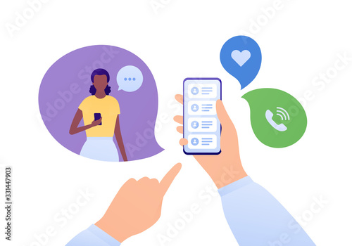 Smart phone use concept. Vector flat illustration. Human hand holding cellphone. Answering call. Female with talk bubble communication sign. Design element for banner, poster, ui, web, presentation.