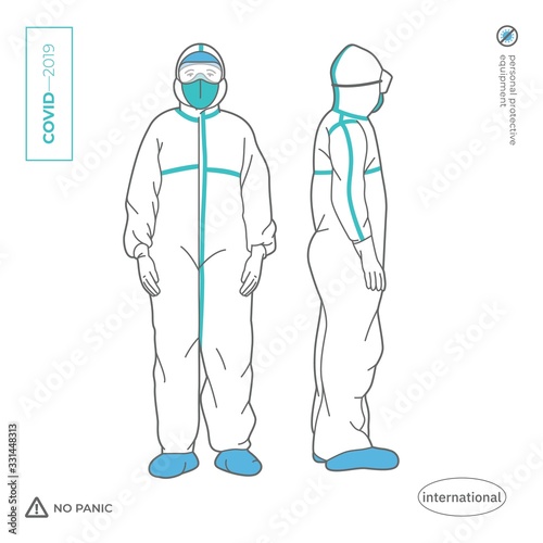 Doctor, nurse, a man in a full body protective suit. Personal protective equipment against viruses and pesticides. 2019 Novel Coronavirus. 2019-nCoV. Covid-19.