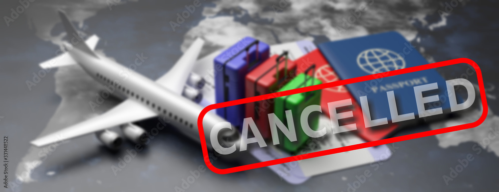 Naklejka premium Journey CANCELLED Text. Plane and travel background. Coronavirus covid19 spread and transport concept. 3d illustration