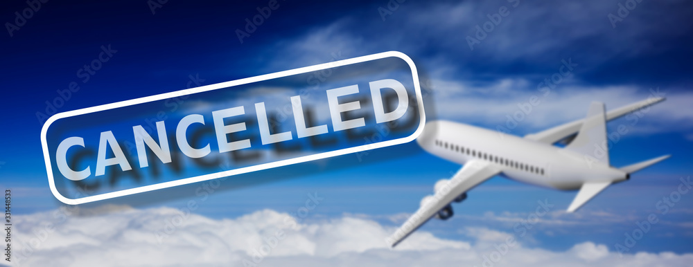 Fototapeta premium Flight CANCELLED Text. Plane flying on blue sky background. Coronavirus covid19 spread and transportation concept. 3d illustration