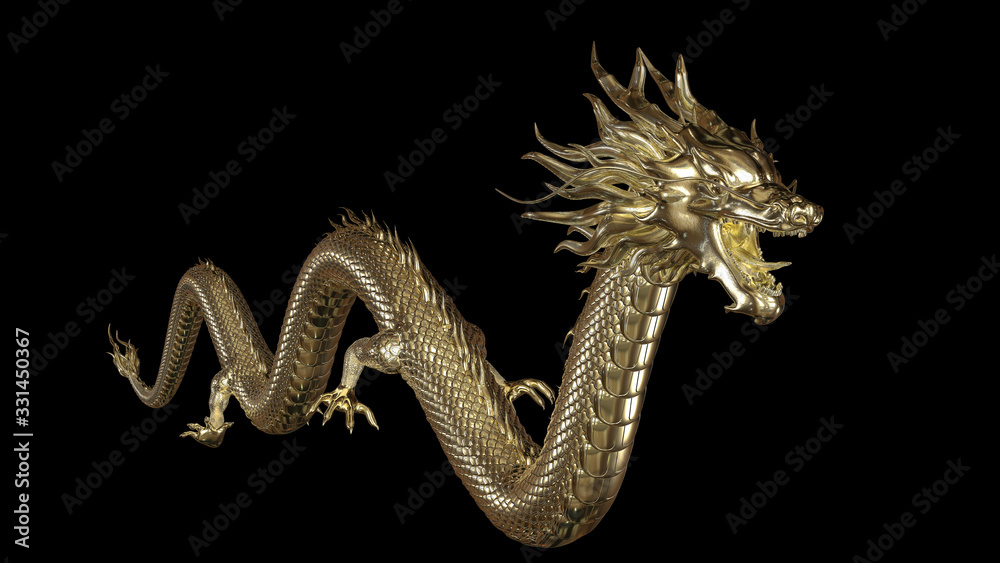 Fototapeta Golden chinese dragon full body post in movement forward with 3d rendering include alpha path.