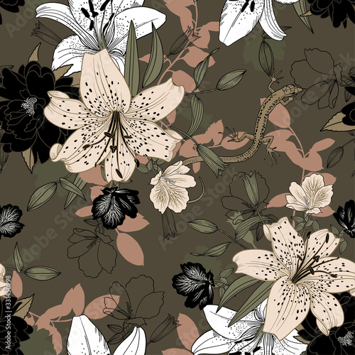 Floral seamless pattern with lilies, amelia, rhododendron, leaves for surface design