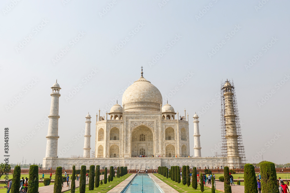 Naklejka premium Agra, Uttar Pradesh, India- 16th April 2017- Majestic Taj Mahal one of the Wonders of the World undergoes renovation